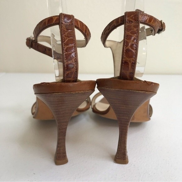 Vera Wang Leather T Strap Sandal Heels Brown Croco Embossed Italian Women Size 8 - Picture 7 of 14